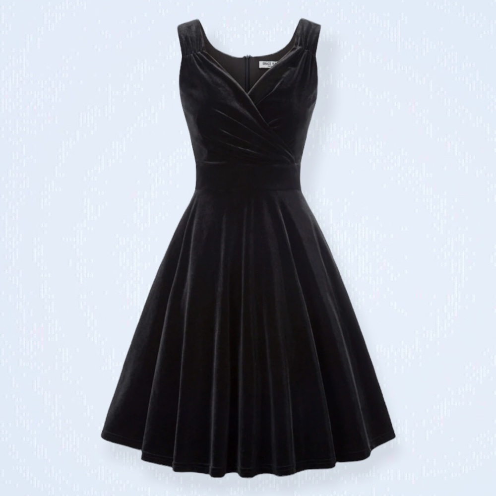 GRACE KARIN Black Velvet Sleeveless V-Neck A-Line Midi Dress